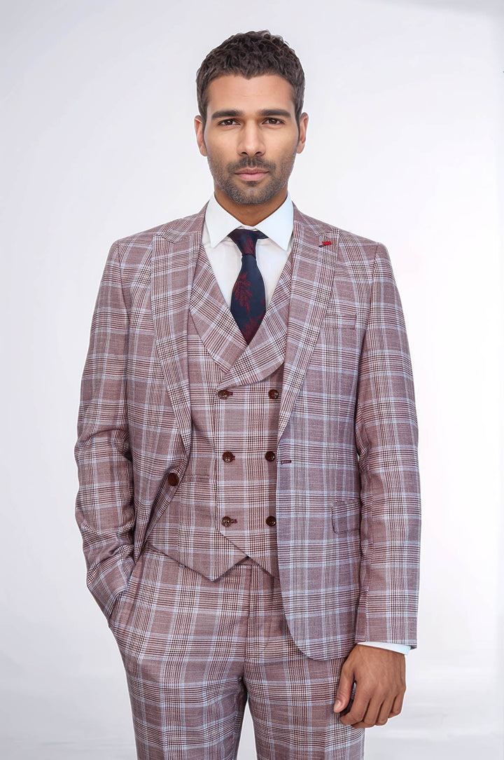 WSS Burgundy Plaid Vested Slim Fit Italian Suit  - Aliso Viejo