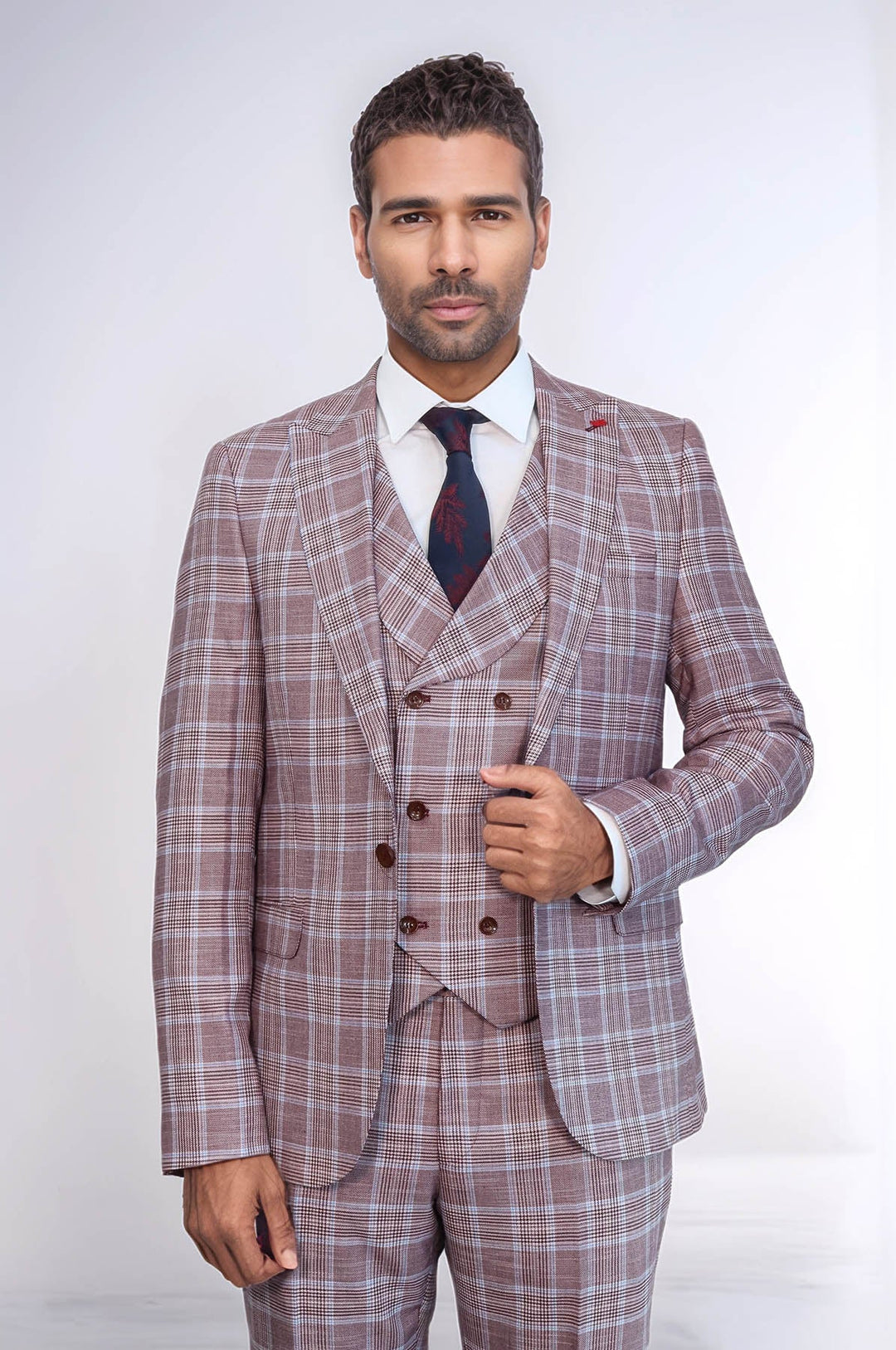WSS Burgundy Plaid Vested Slim Fit Italian Suit  - Aliso Viejo