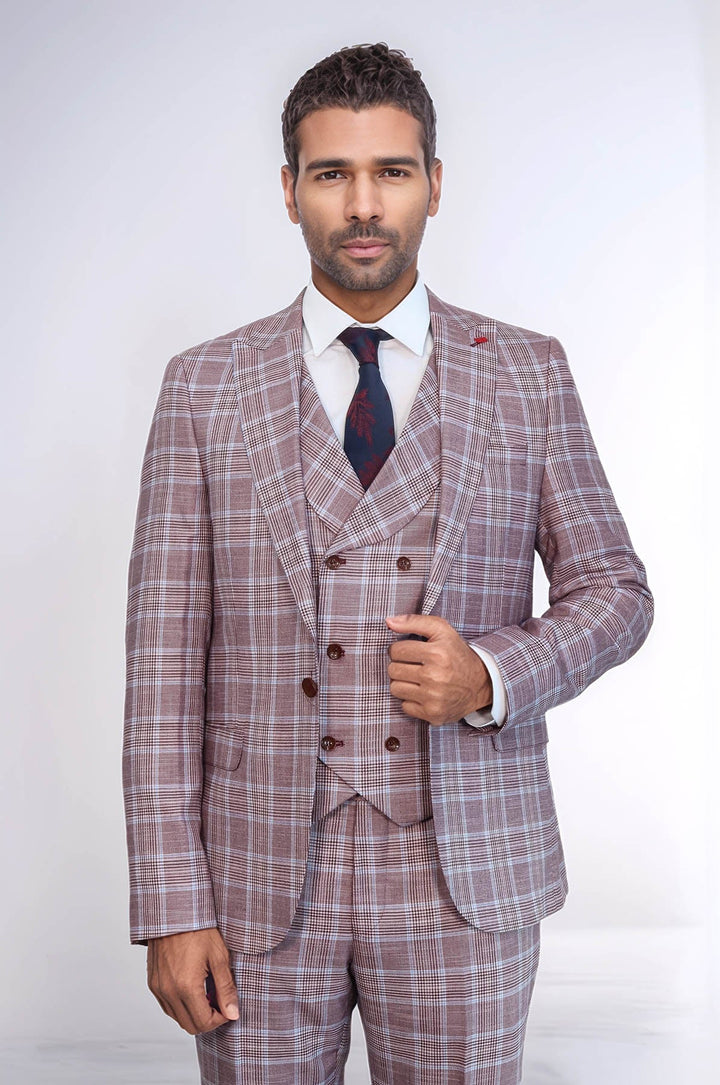 WSS Burgundy Plaid Vested Slim Fit Italian Suit  - Aliso Viejo