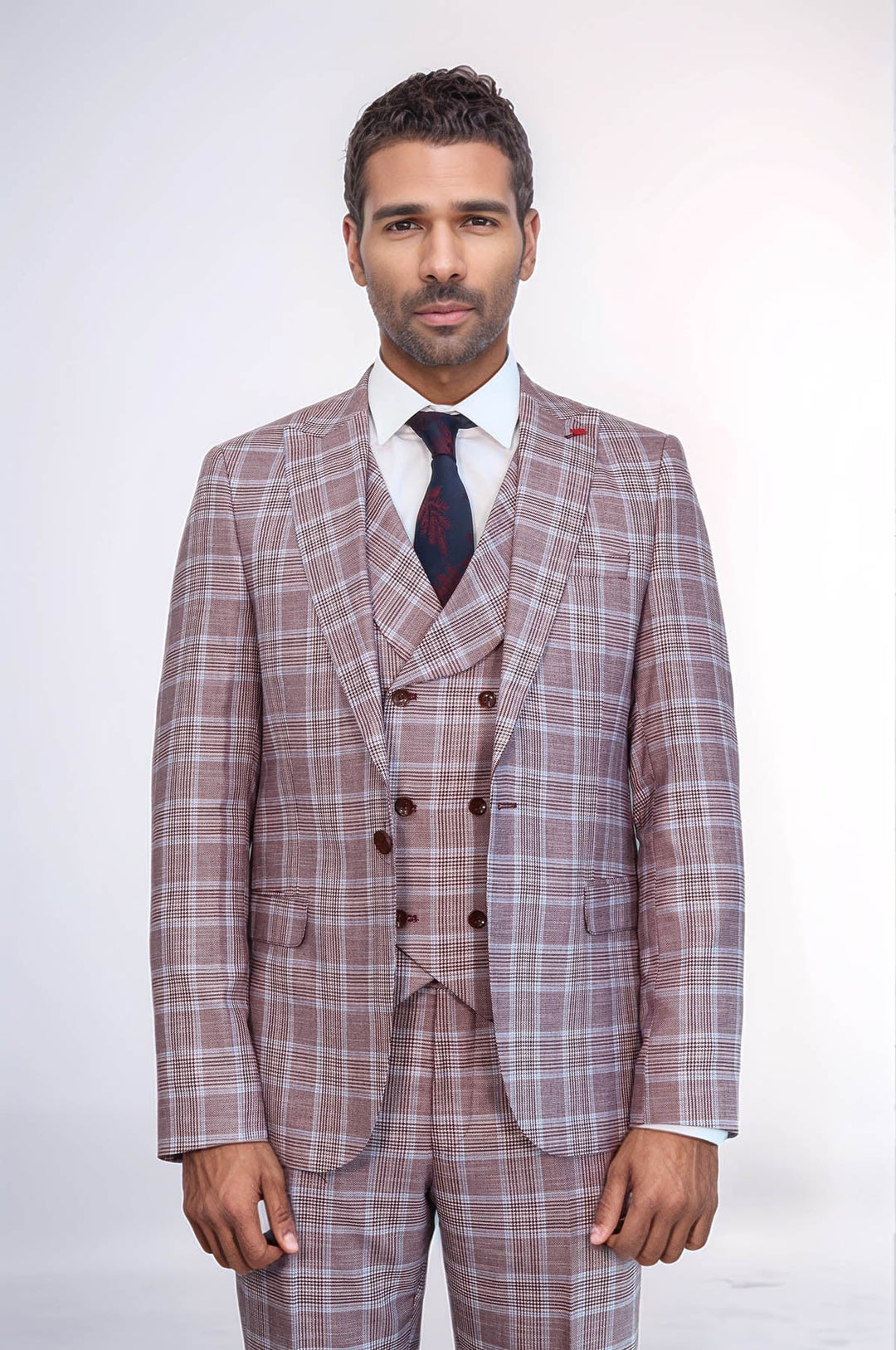 WSS Burgundy Plaid Vested Slim Fit Italian Suit  - Le Cannet
