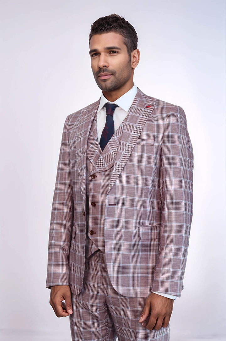 WSS Burgundy Plaid Vested Slim Fit Italian Suit  - Aliso Viejo