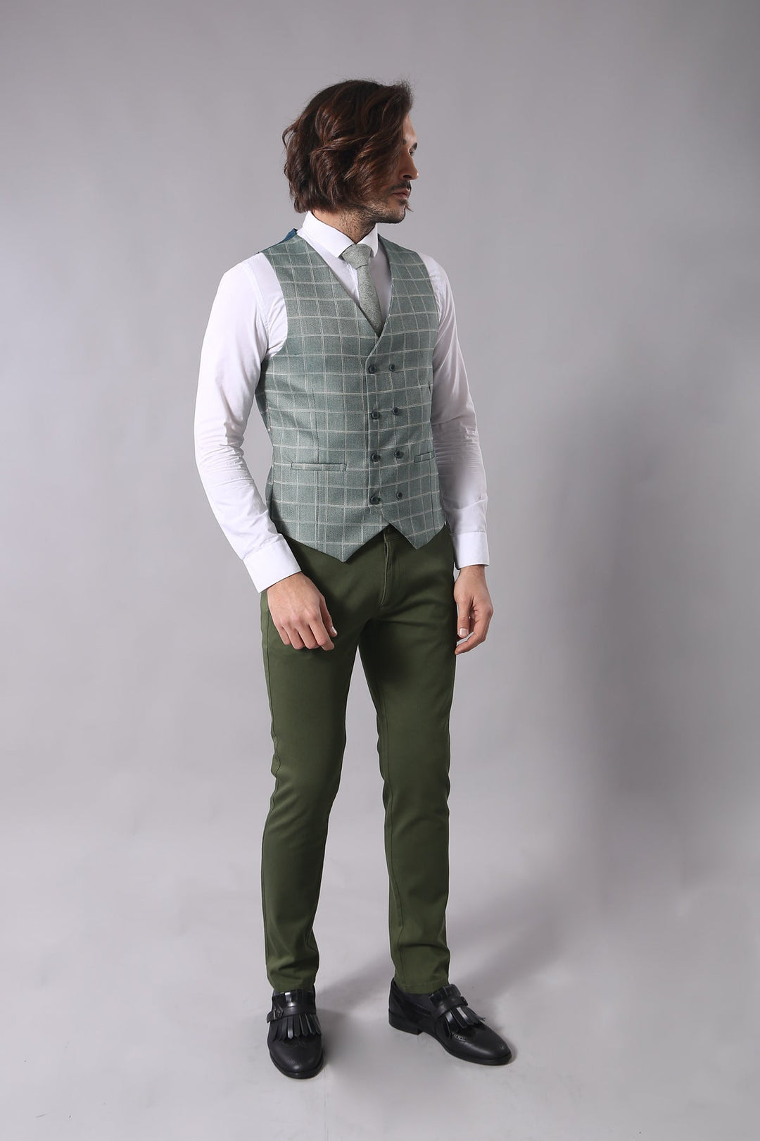 WSS Combined Vested Green Plaid Men's Suit  - Garden Grove