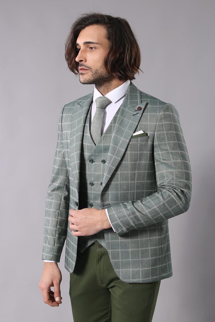 WSS Combined Vested Green Plaid Men's Suit  - Garden Grove