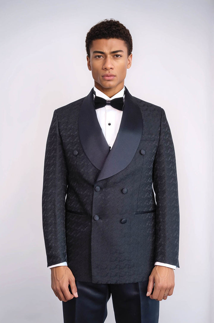 WSS Satin Shawl Collar Patterned Double Breasted Black Men Tuxedo Suit  - Sydney