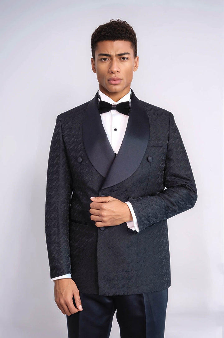 WSS Satin Shawl Collar Patterned Double Breasted Black Men Tuxedo Suit  - Sydney