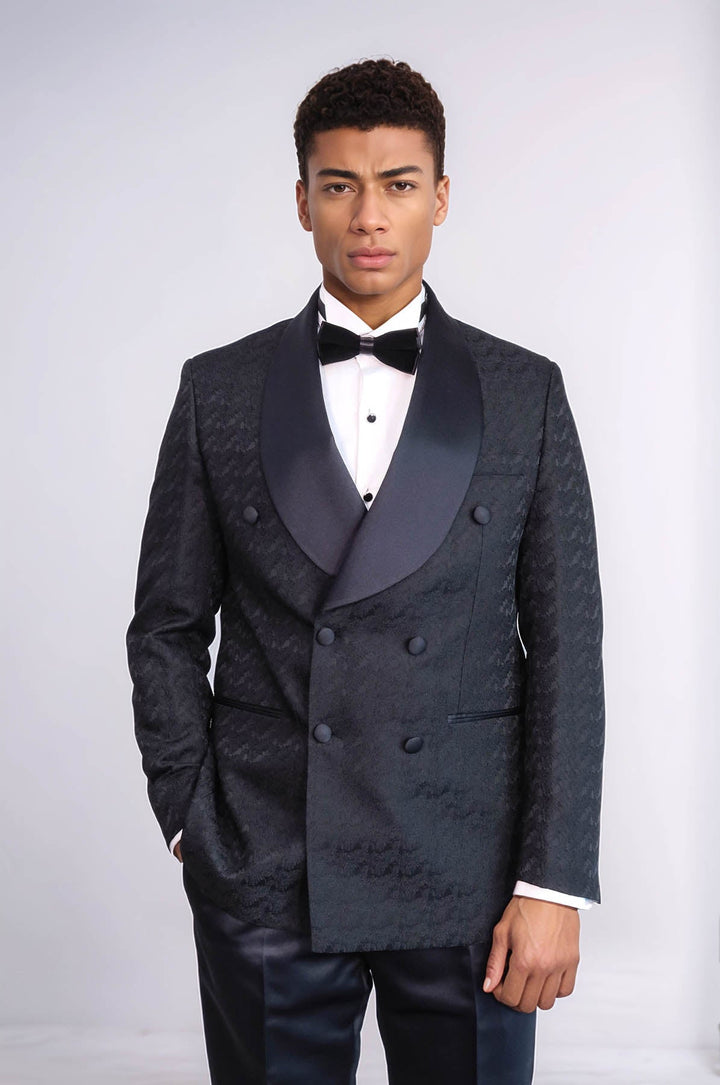 WSS Satin Shawl Collar Patterned Double Breasted Black Men Tuxedo Suit  - Sydney