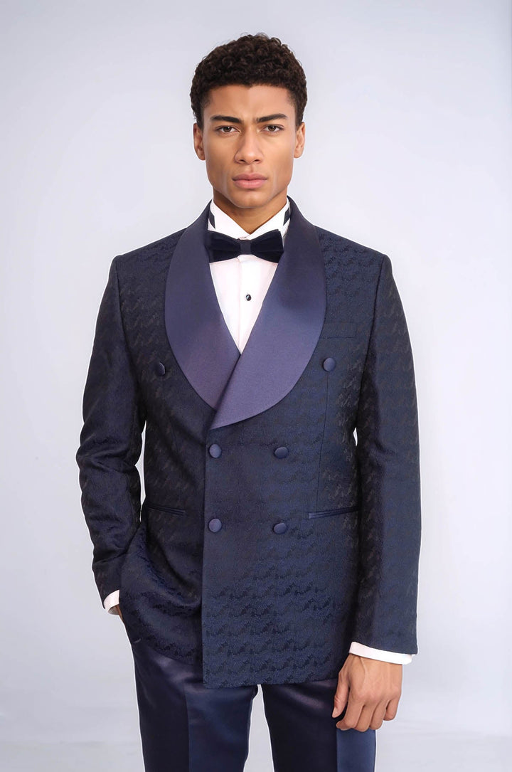 WSS Satin Shawl Collar Patterned Double Breasted Navy Blue Men Tuxedo Suit  - Seattle
