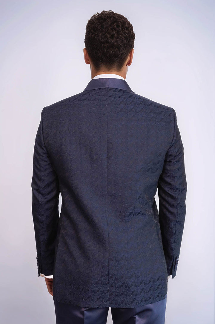 WSS Satin Shawl Collar Patterned Double Breasted Navy Blue Men Tuxedo Suit  - Seattle