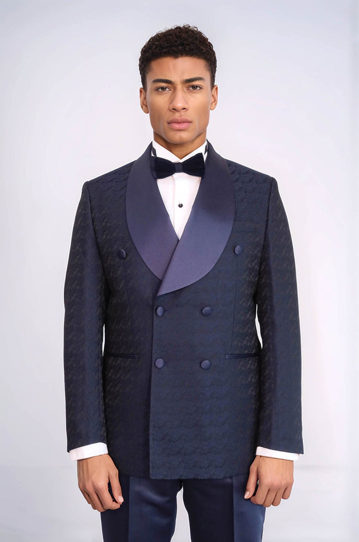 WSS Satin Shawl Collar Patterned Double Breasted Navy Blue Men Tuxedo Suit  - Seattle