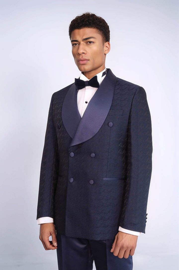 WSS Satin Shawl Collar Patterned Double Breasted Navy Blue Men Tuxedo Suit  - Seattle