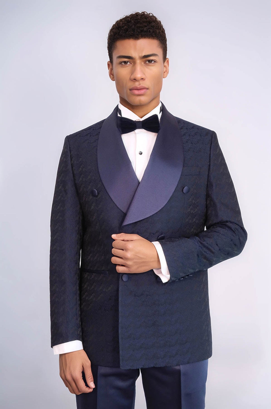 WSS Satin Shawl Collar Patterned Double Breasted Navy Blue Men Tuxedo Suit  - Seattle