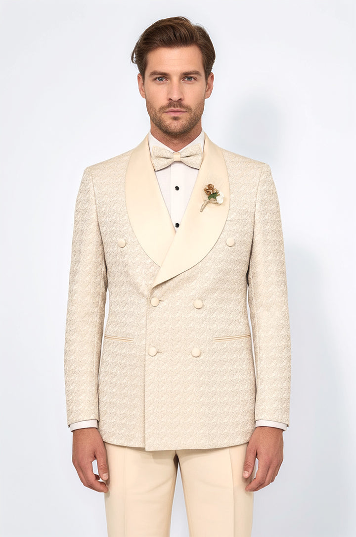 WSS Satin Shawl Collar Patterned Double Breasted  Champagne Men Tuxedo Suit  - Columbia