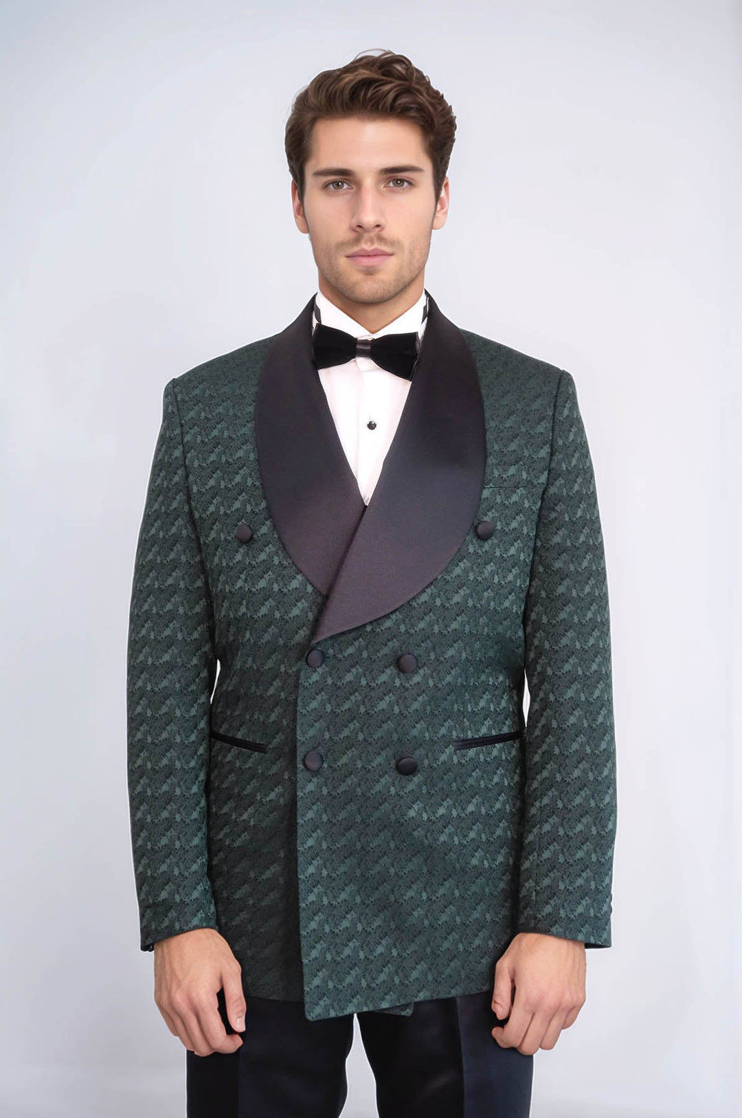 WSS Satin Shawl Collar Patterned Double Breasted Dark Green Men Tuxedo Suit  - Lokeren