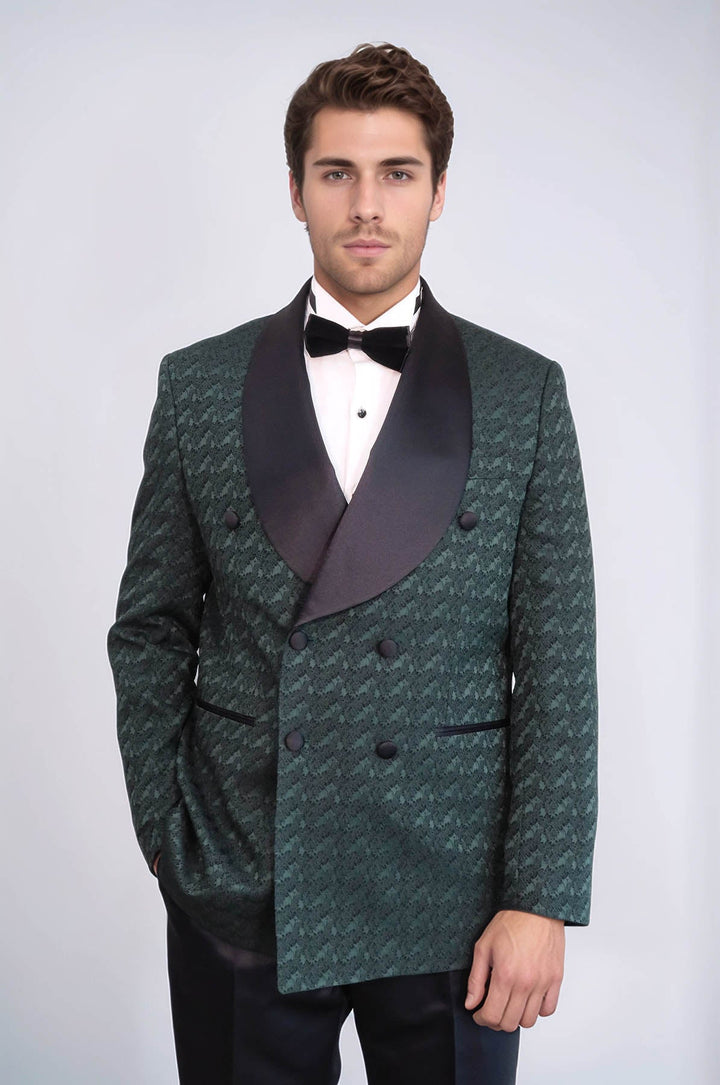 WSS Satin Shawl Collar Patterned Double Breasted Dark Green Men Tuxedo Suit  - Lokeren