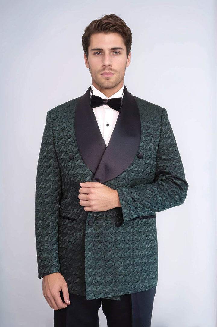 WSS Satin Shawl Collar Patterned Double Breasted Dark Green Men Tuxedo Suit  - Lokeren