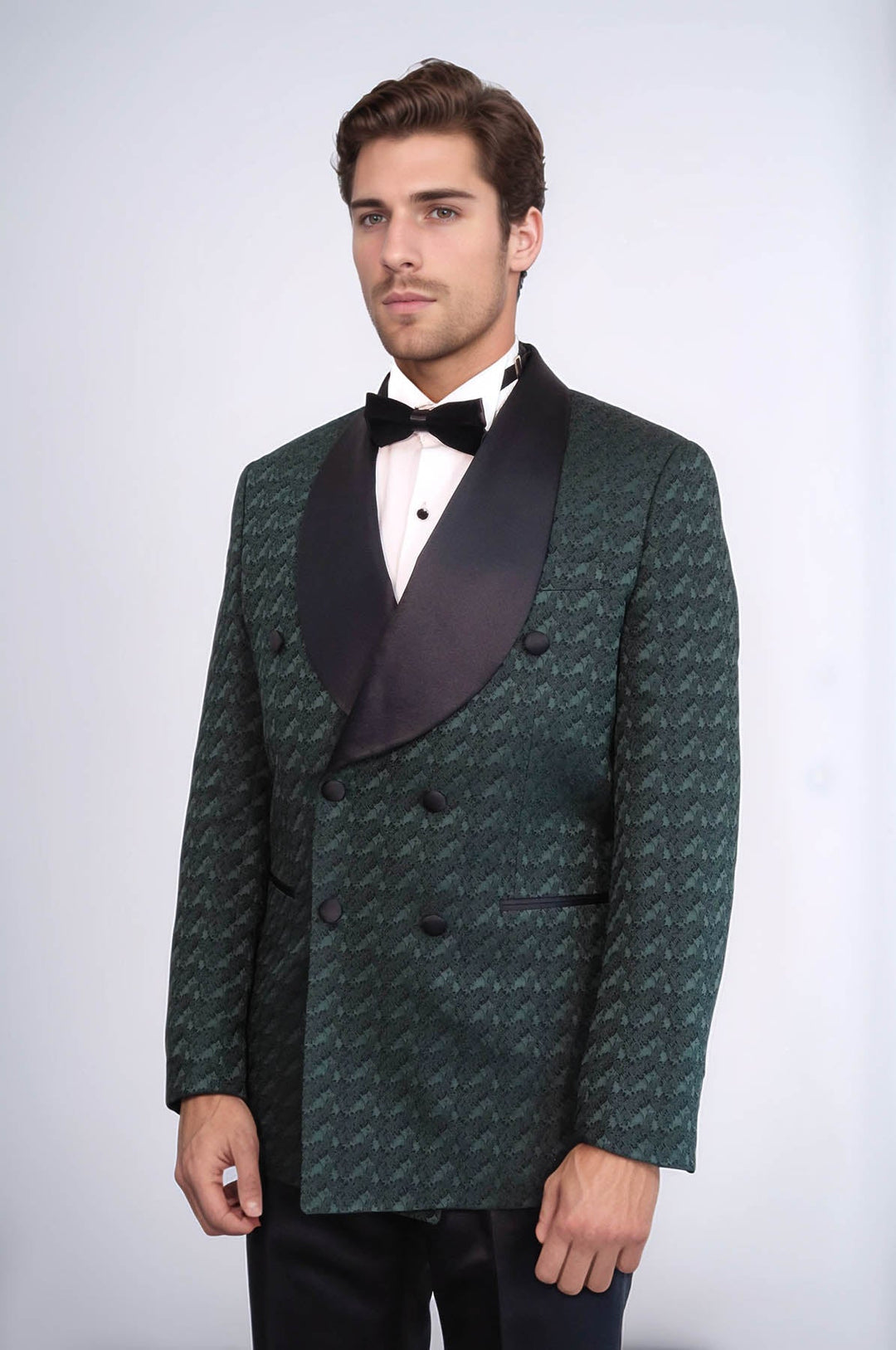 WSS Satin Shawl Collar Patterned Double Breasted Dark Green Men Tuxedo Suit  - Lokeren