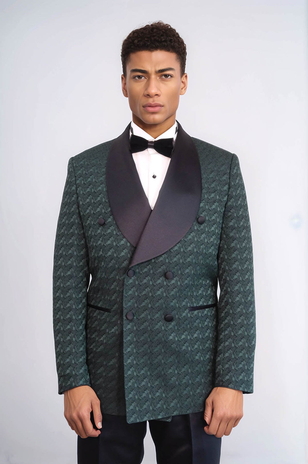 WSS Satin Shawl Collar Patterned Double Breasted Dark Green Men Tuxedo Suit  - Wilson