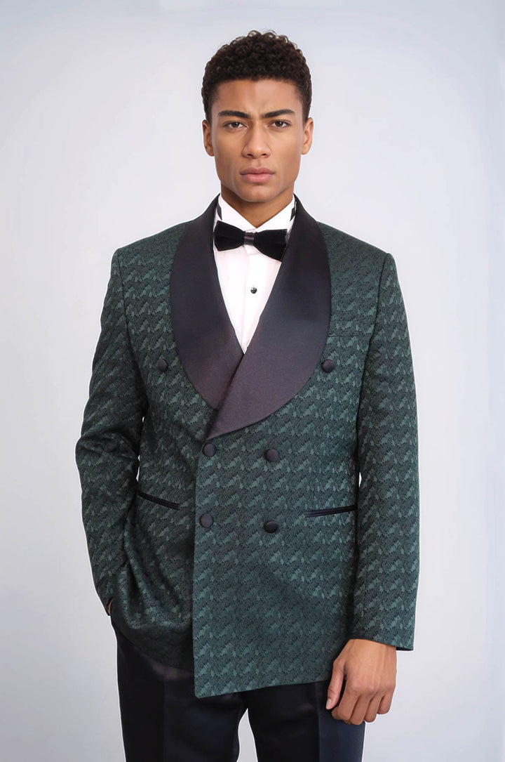 WSS Satin Shawl Collar Patterned Double Breasted Dark Green Men Tuxedo Suit  - Wilson