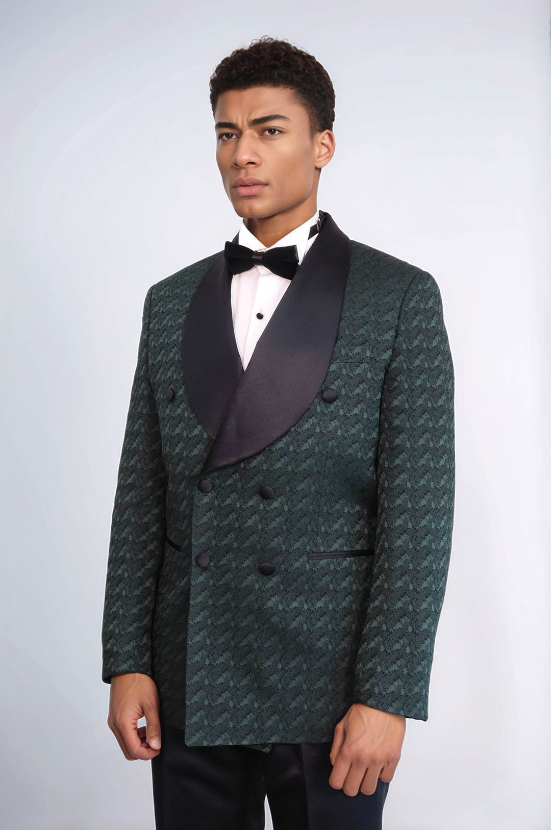 WSS Satin Shawl Collar Patterned Double Breasted Dark Green Men Tuxedo Suit  - Wilson
