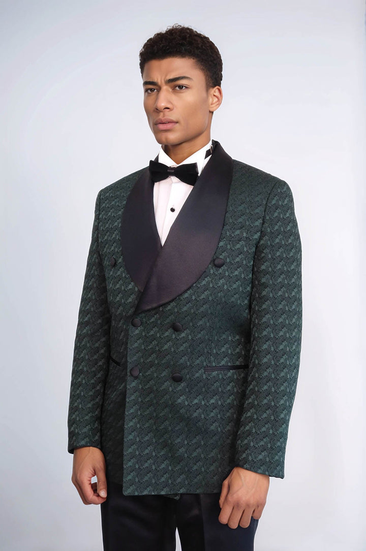 WSS Satin Shawl Collar Patterned Double Breasted Dark Green Men Tuxedo Suit  - Wilson