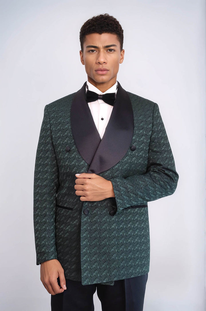 WSS Satin Shawl Collar Patterned Double Breasted Dark Green Men Tuxedo Suit  - Wilson