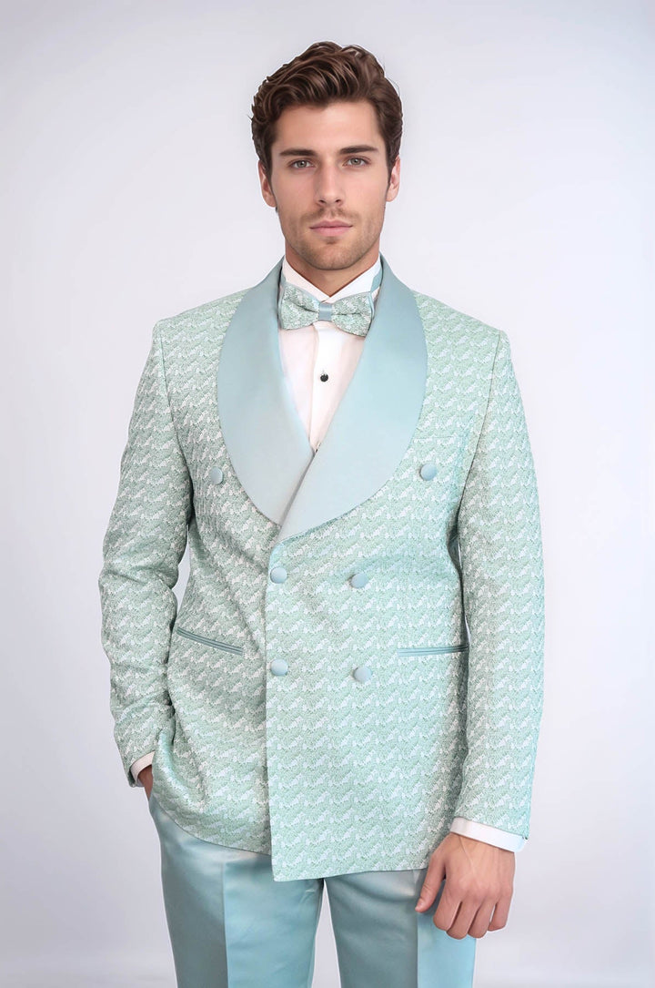 WSS Satin Shawl Collar Patterned Double Breasted Sage Green Men Tuxedo Suit  - Podujevë