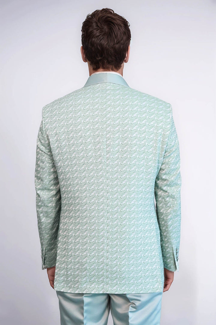 WSS Satin Shawl Collar Patterned Double Breasted Sage Green Men Tuxedo Suit  - Podujevë