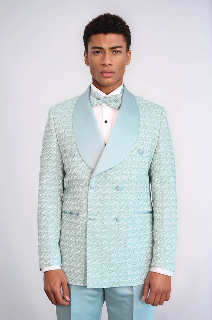 WSS Satin Shawl Collar Patterned Double Breasted Sage Green Men Tuxedo Suit  - Pirmasens