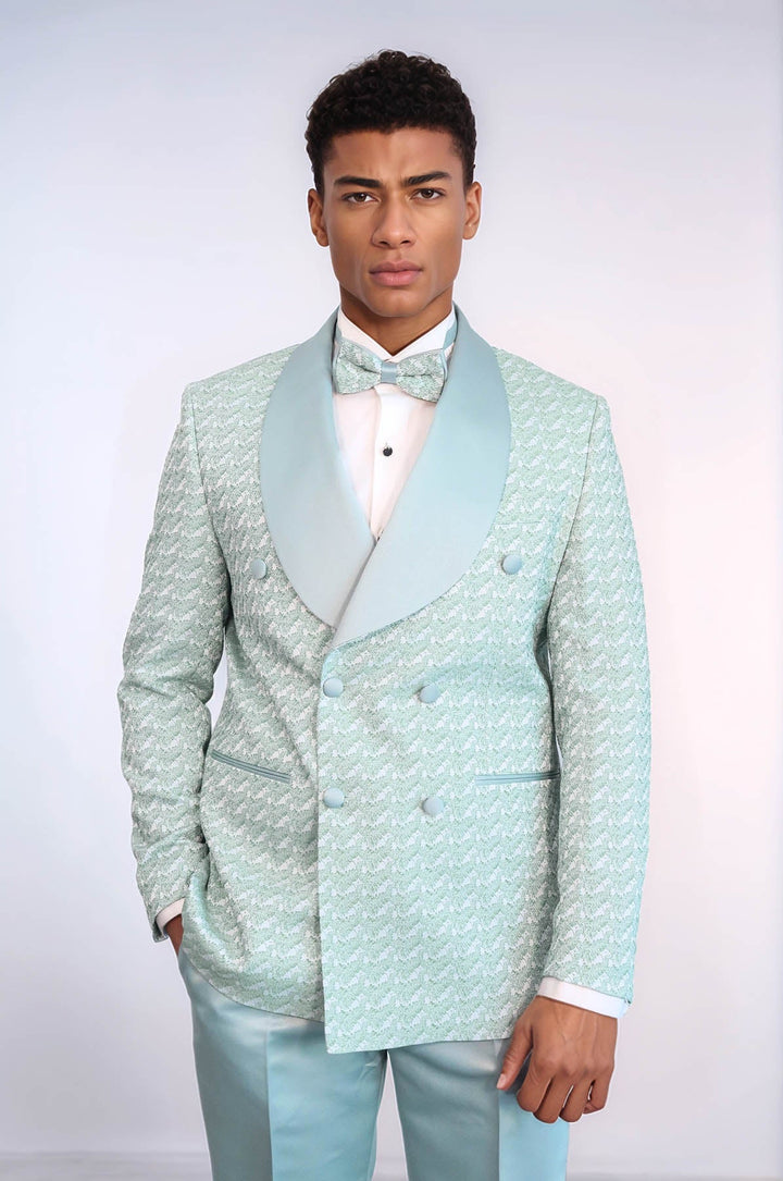 WSS Satin Shawl Collar Patterned Double Breasted Sage Green Men Tuxedo Suit  - Pirmasens