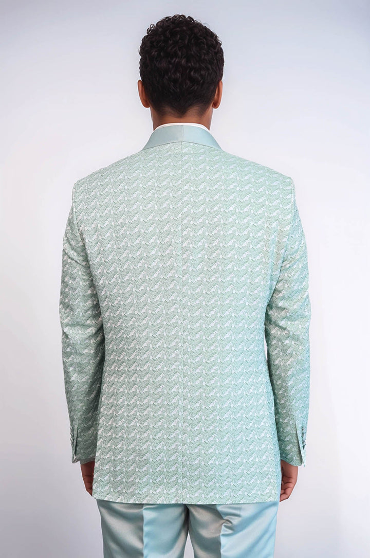 WSS Satin Shawl Collar Patterned Double Breasted Sage Green Men Tuxedo Suit  - Pirmasens