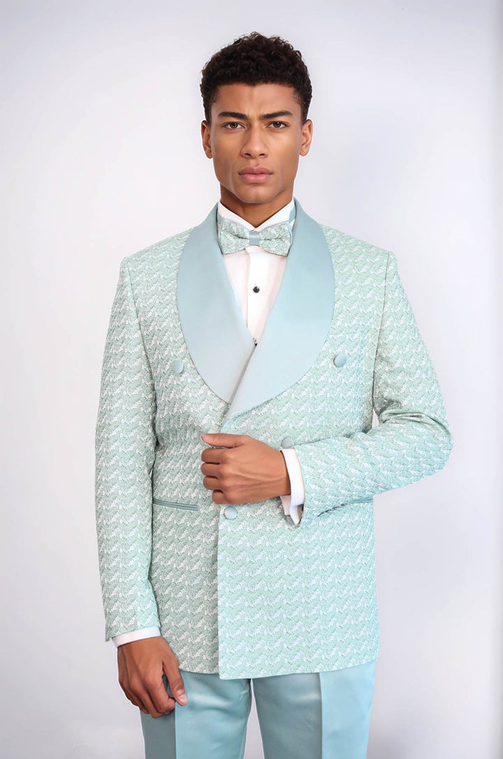WSS Satin Shawl Collar Patterned Double Breasted Sage Green Men Tuxedo Suit  - Pirmasens