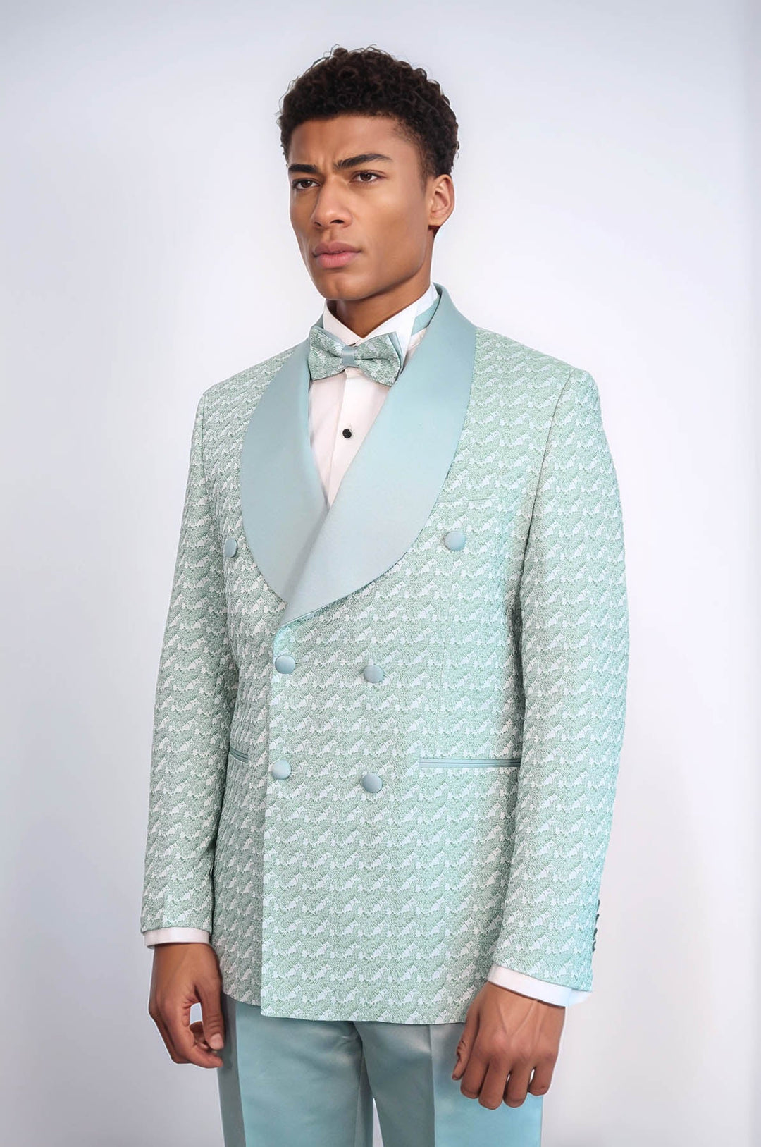 WSS Satin Shawl Collar Patterned Double Breasted Sage Green Men Tuxedo Suit  - Pirmasens