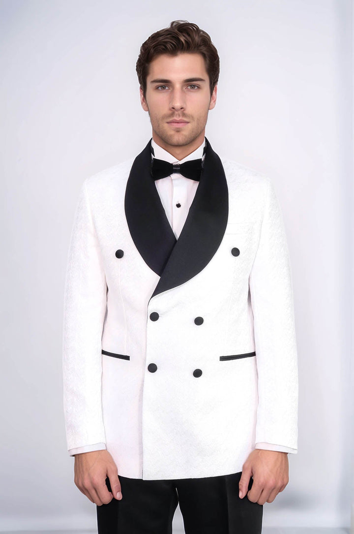WSS Satin Shawl Collar Patterned Double Breasted White Men Tuxedo Suit  - Paterno