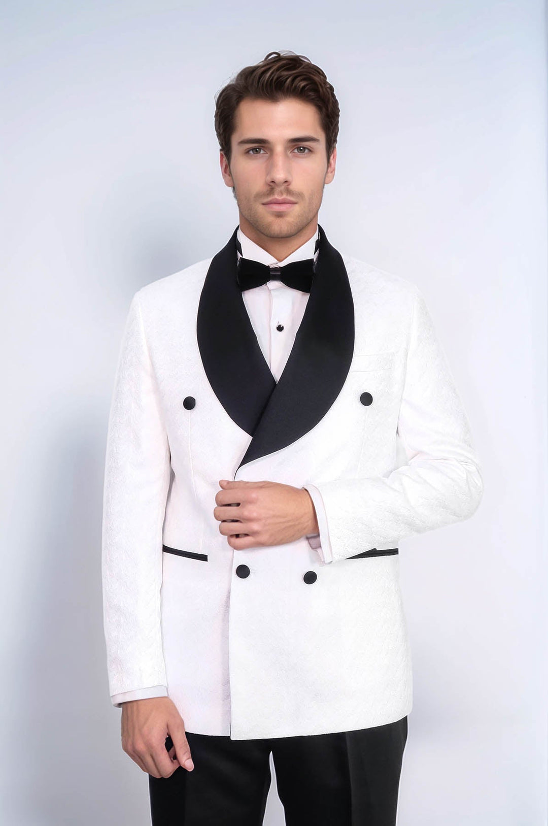 WSS Satin Shawl Collar Patterned Double Breasted White Men Tuxedo Suit  - Paterno