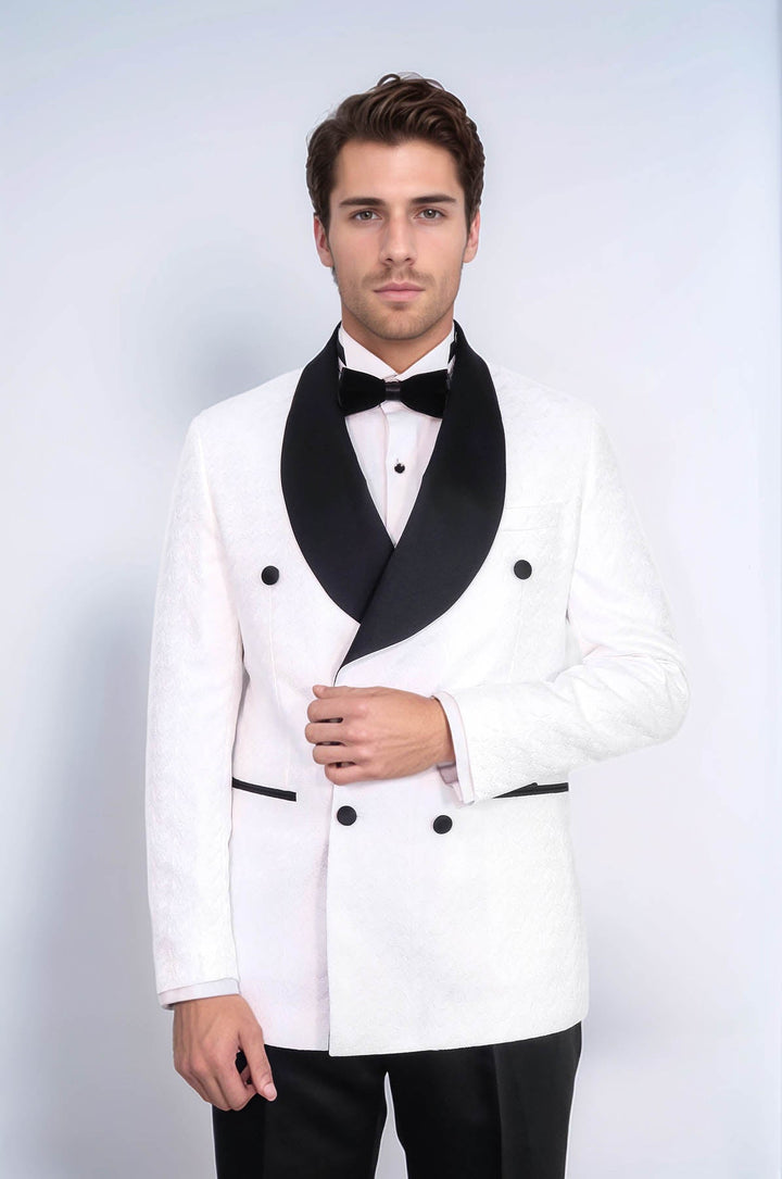 WSS Satin Shawl Collar Patterned Double Breasted White Men Tuxedo Suit  - Paterno