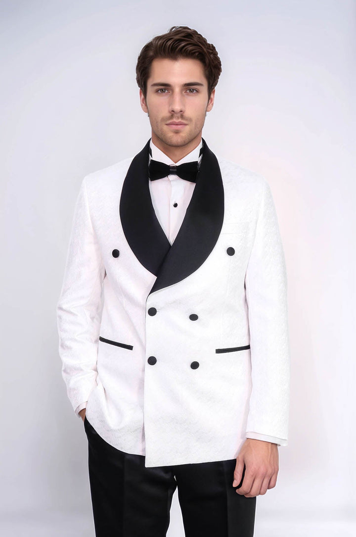 WSS Satin Shawl Collar Patterned Double Breasted White Men Tuxedo Suit  - Paterno