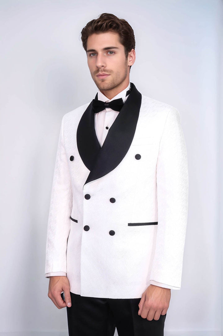 WSS Satin Shawl Collar Patterned Double Breasted White Men Tuxedo Suit  - Paterno