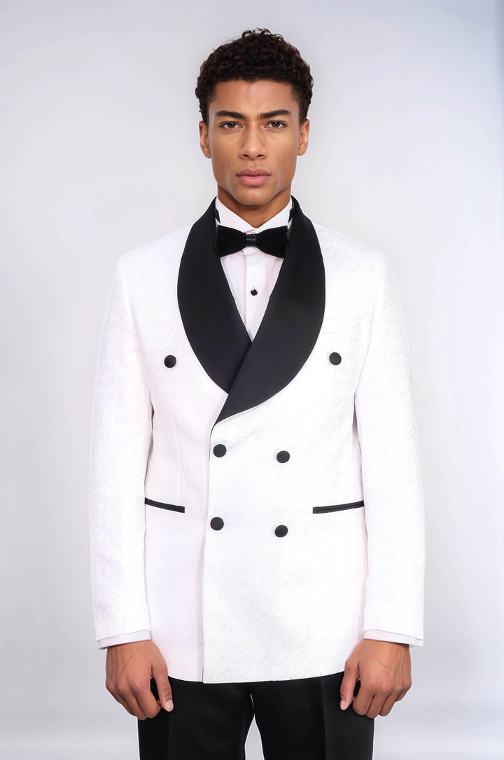 WSS Satin Shawl Collar Patterned Double Breasted White Men Tuxedo Suit  - Miahuatlán de Porfirio Díaz