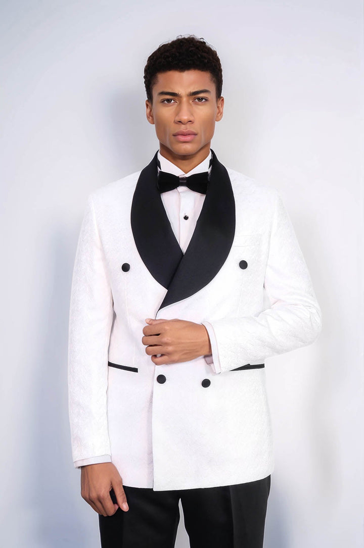 WSS Satin Shawl Collar Patterned Double Breasted White Men Tuxedo Suit  - Miahuatlán de Porfirio Díaz