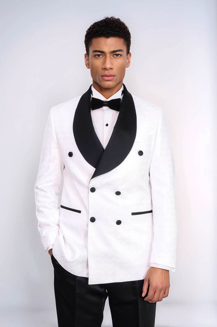 WSS Satin Shawl Collar Patterned Double Breasted White Men Tuxedo Suit  - Miahuatlán de Porfirio Díaz