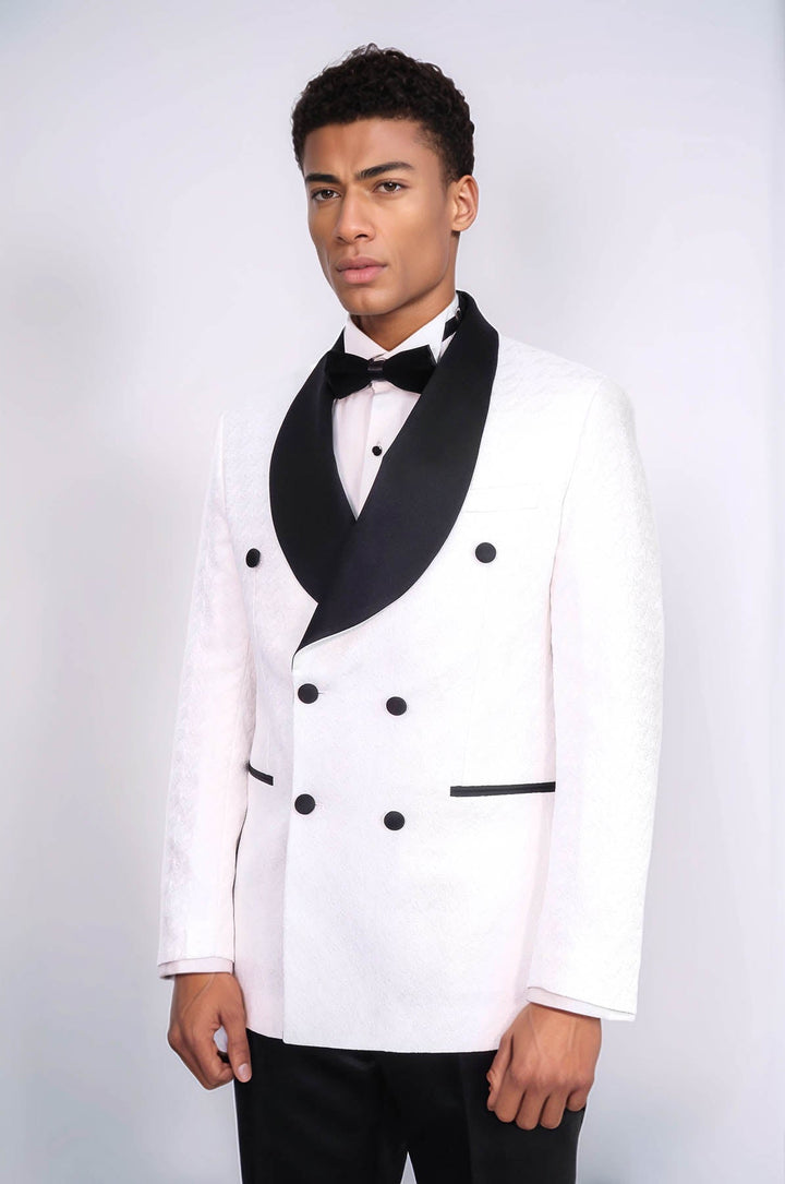 WSS Satin Shawl Collar Patterned Double Breasted White Men Tuxedo Suit  - Miahuatlán de Porfirio Díaz