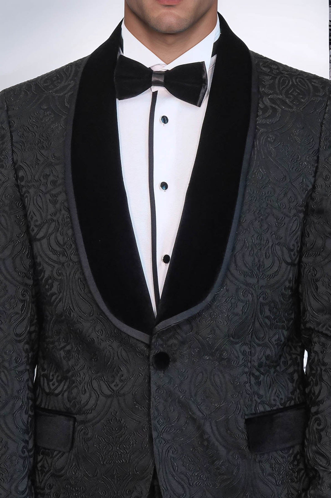 WSS 2 Piece Damask Patterned Velvet Shawl Collar Black Men's Tuxedo Suit  - Clarington