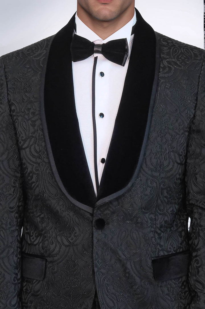 WSS 2 Piece Damask Patterned Velvet Shawl Collar Black Men's Tuxedo Suit  - Clarington