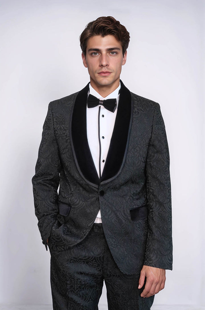 WSS 2 Piece Damask Patterned Velvet Shawl Collar Black Men's Tuxedo Suit  - Clarington