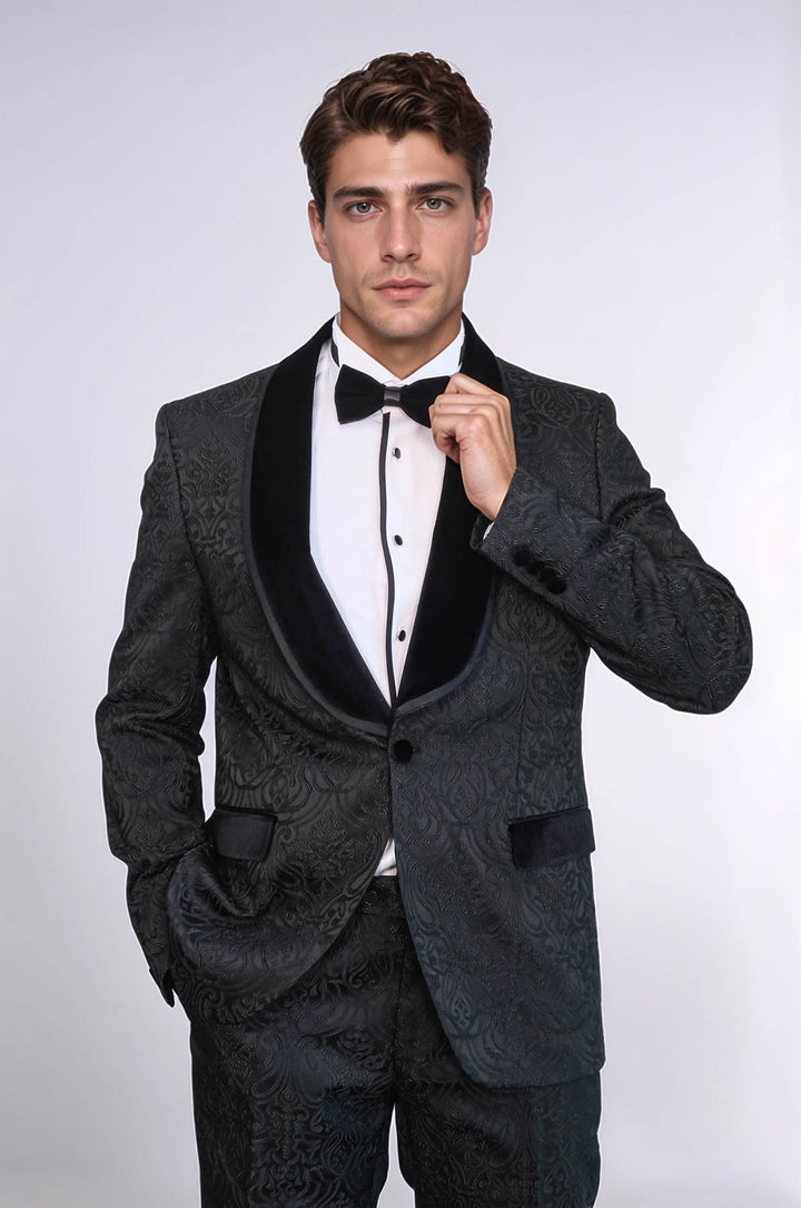 WSS 2 Piece Damask Patterned Velvet Shawl Collar Black Men's Tuxedo Suit  - Clarington