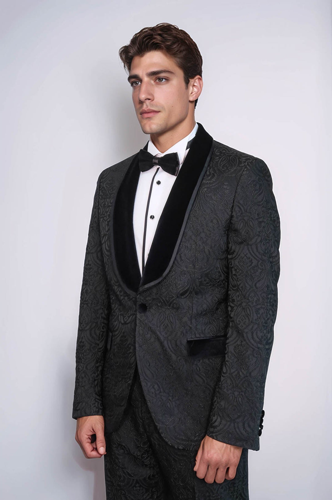 WSS 2 Piece Damask Patterned Velvet Shawl Collar Black Men's Tuxedo Suit  - Clarington