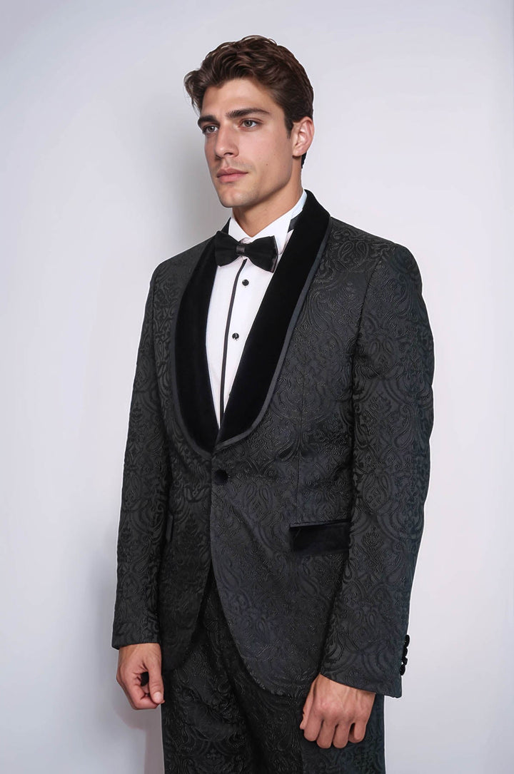 WSS 2 Piece Damask Patterned Velvet Shawl Collar Black Men's Tuxedo Suit  - Clarington