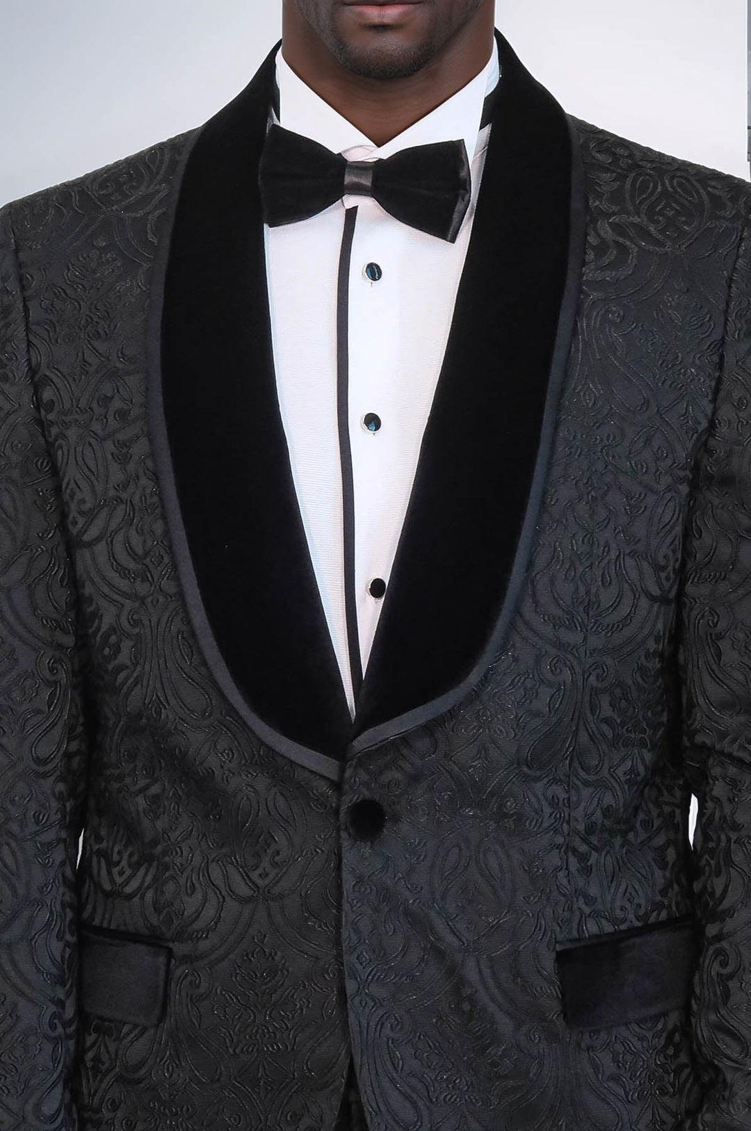 WSS 2 Piece Damask Patterned Velvet Shawl Collar Black Men's Tuxedo Suit  - Innisfil