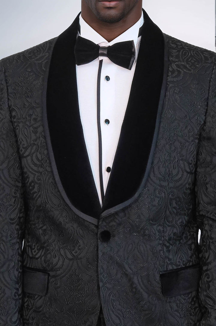 WSS 2 Piece Damask Patterned Velvet Shawl Collar Black Men's Tuxedo Suit  - Innisfil