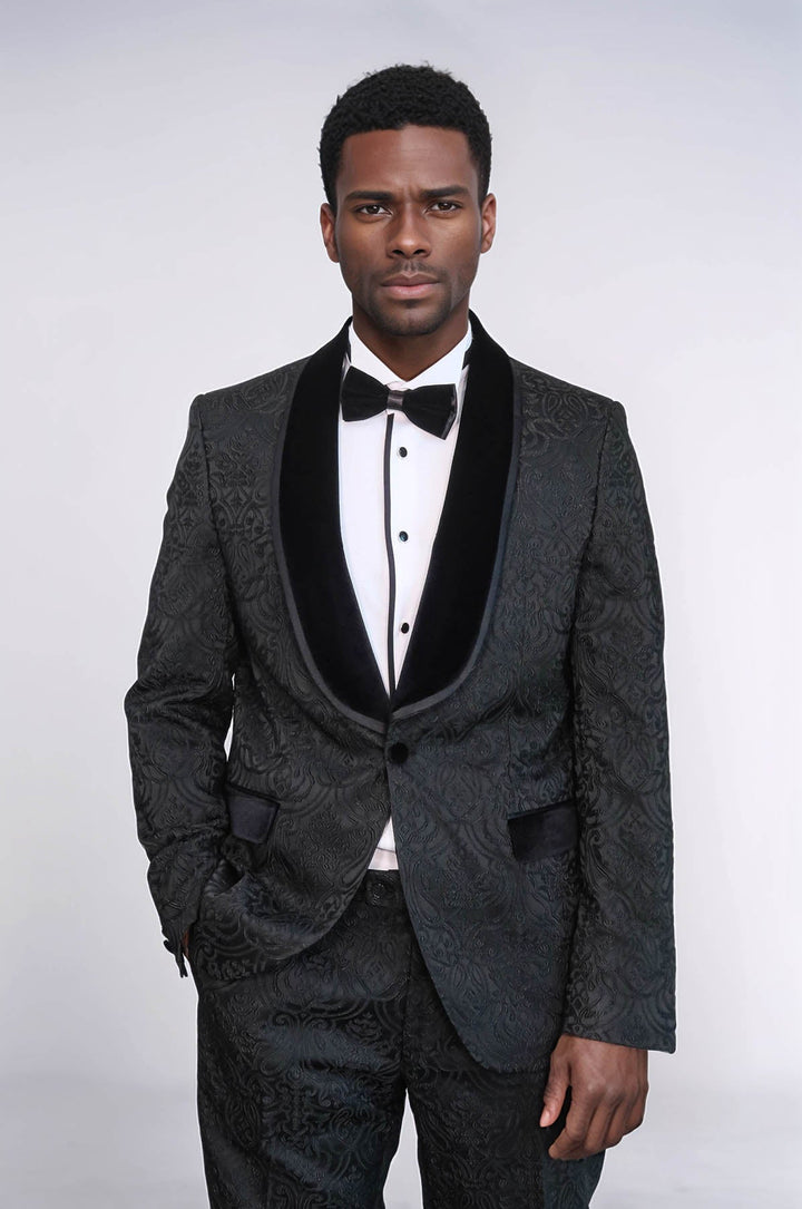 WSS 2 Piece Damask Patterned Velvet Shawl Collar Black Men's Tuxedo Suit  - Innisfil